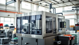 Dynamic plastic injection molding machine operating efficiently in a bright factory setting.