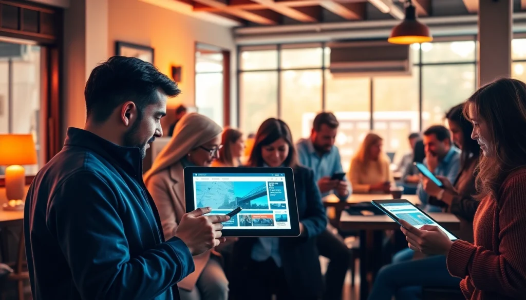 Users engaging with digital news platforms at https://newsharbor.com.ua in a lively café environment.