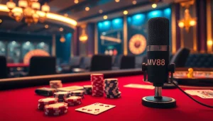 Capture the essence of luxury gambling while featuring the MV88 microphone, enhancing the poker table's ambiance.