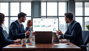 Analyze competitive intelligence insights with a professional team in a modern office setting.