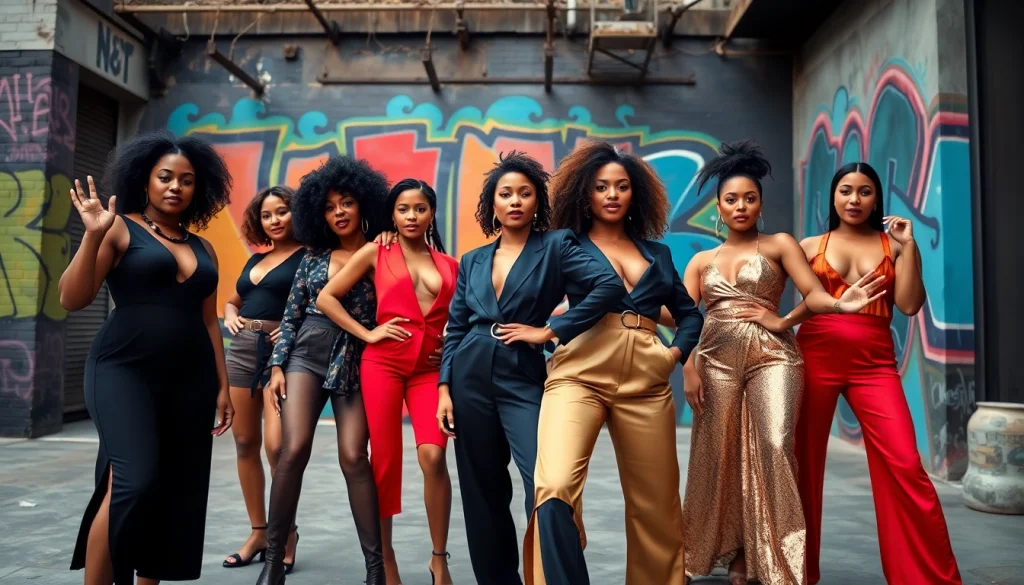 Experience unique custom designs at https://primadonsanddonnas.com with diverse, confident models in a vibrant urban scene.