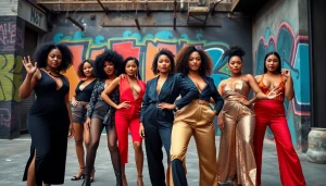 Experience unique custom designs at https://primadonsanddonnas.com with diverse, confident models in a vibrant urban scene.