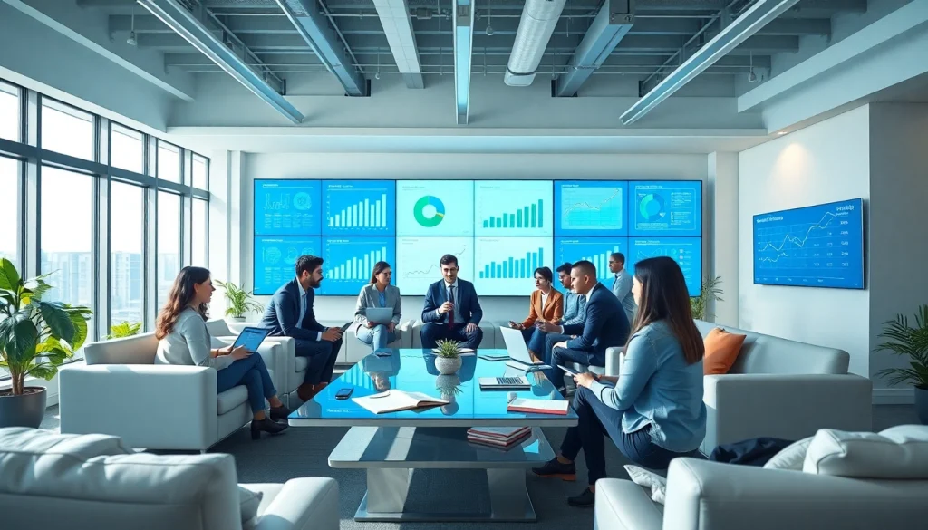 Engaged team at https://solarxmedia.com strategizing digital marketing solutions in a modern workspace.