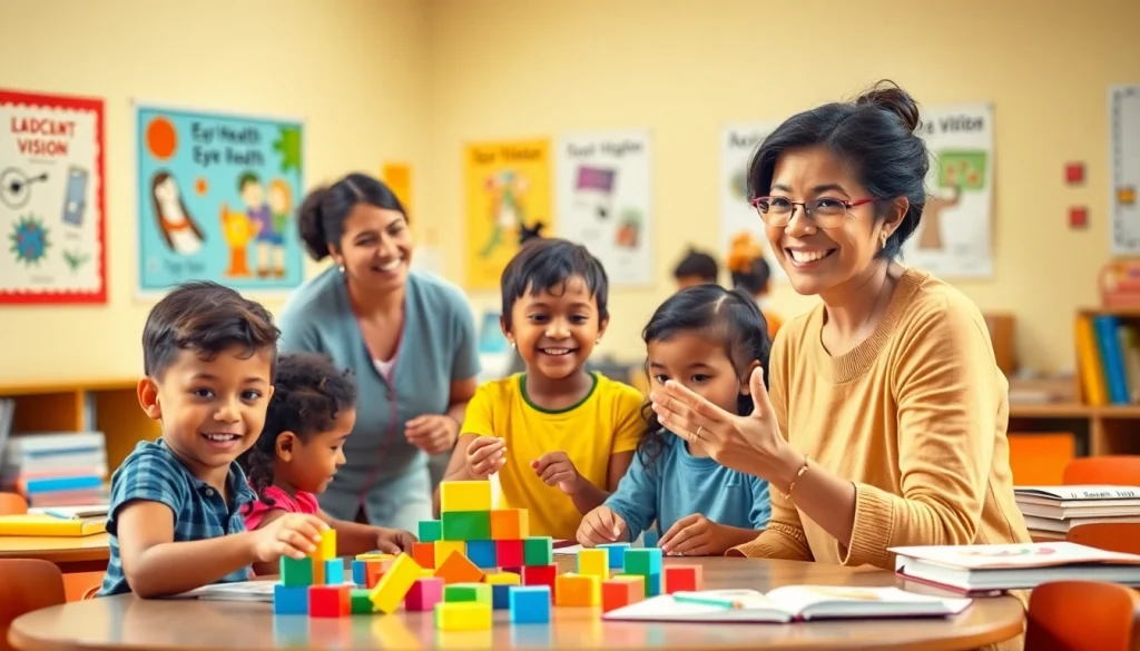 Engage with Our Children's Vision through a vibrant classroom scene promoting eye health education.