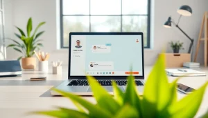 Engage with a free ai chat interface on a sleek laptop amidst a professional workspace.