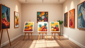 Menyajikan karya seni carijp dengan pencahayaan alami yang hangat di galeri seni.