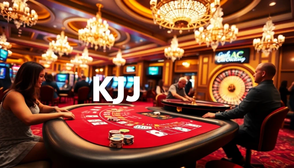 Experience thrilling moments at KJC AC with players enjoying blackjack and roulette amidst a luxurious casino backdrop.