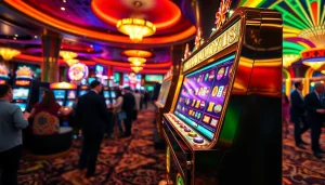 Mainkan luxury138 slot dengan mesin yang mewah dan berkilau, menampilkan suasana kasino yang hidup.