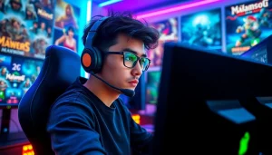 Menampilkan gamer profesional yang memainkan mawar500 game di lingkungan esports yang cerah.
