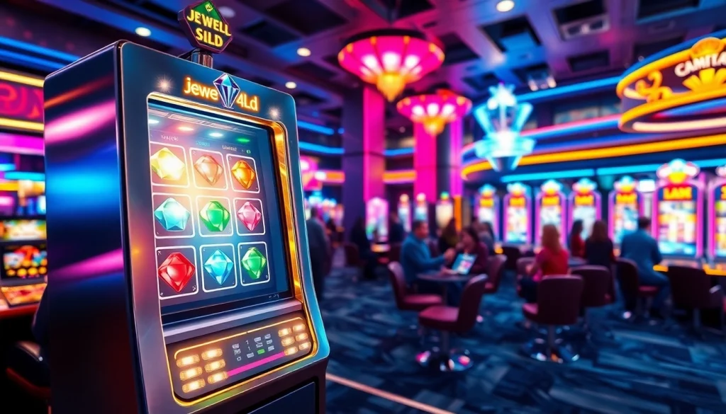 Menggambarkan suasana permainan kasino dengan fokus pada mesin slot bertema jewel4d.