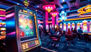 Menggambarkan suasana permainan kasino dengan fokus pada mesin slot bertema jewel4d.