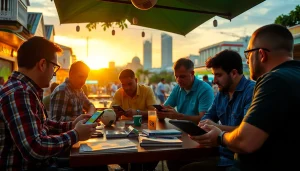 Explore the best sportsbooks in Brazil through an energetic scene of bettors engaging in sports analysis.