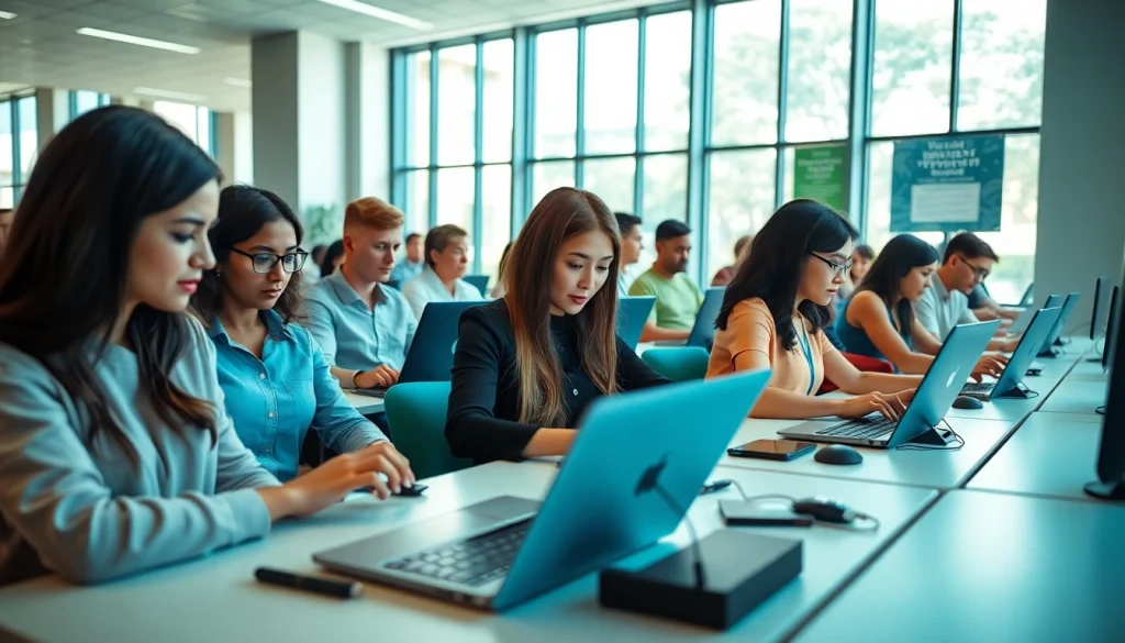 Enhance your skills at a professional typing center with diverse individuals practicing typing.
