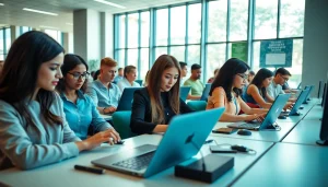Enhance your skills at a professional typing center with diverse individuals practicing typing.