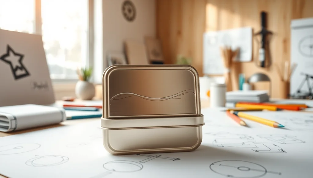 Showcase a custom tin box in an inspiring design workspace, featuring elegant details.
