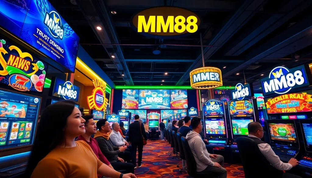 MM88 online gaming experience with players engaged in vibrant slots and live casino games.