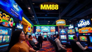 MM88 online gaming experience with players engaged in vibrant slots and live casino games.
