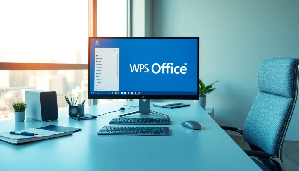 Visualizing the WPS office下载 software in a modern workspace setting with bright lighting.