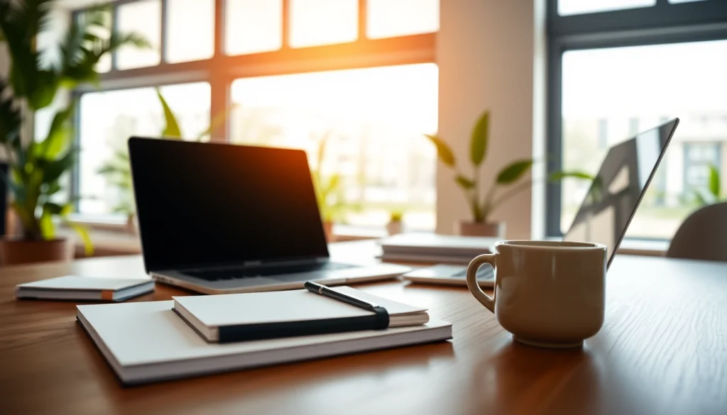 Bekijk de professionele digitale werkruimte op https://www.stofnodig.nl met een stijlvol bureau en laptop.