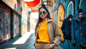 Explore trendy fashion at https://www.clothingcasual.com with stylish outfits in a vibrant urban setting.