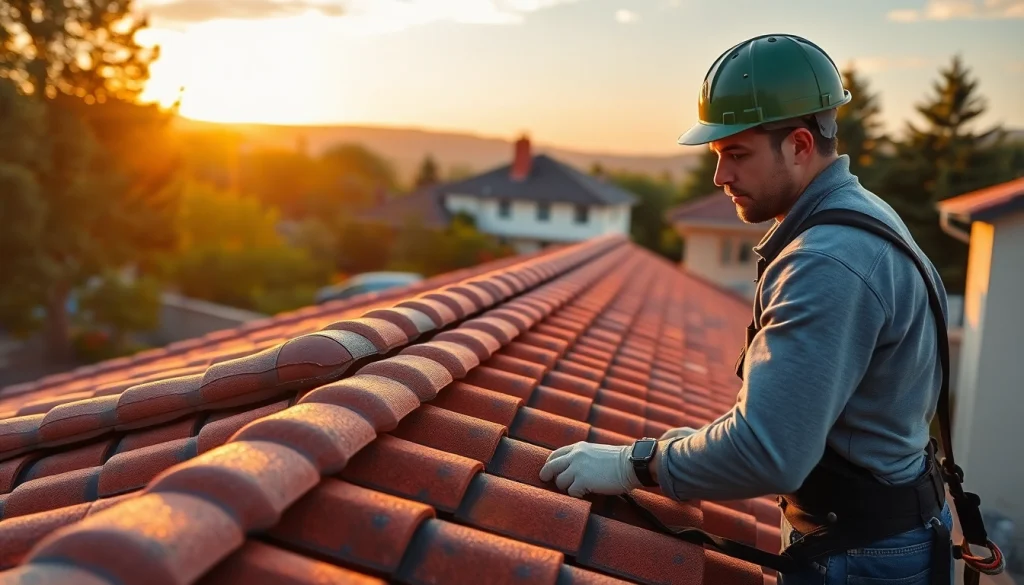 Roofing company team expertly installing tiles, showcasing craftsmanship and precision.