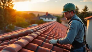 Roofing company team expertly installing tiles, showcasing craftsmanship and precision.