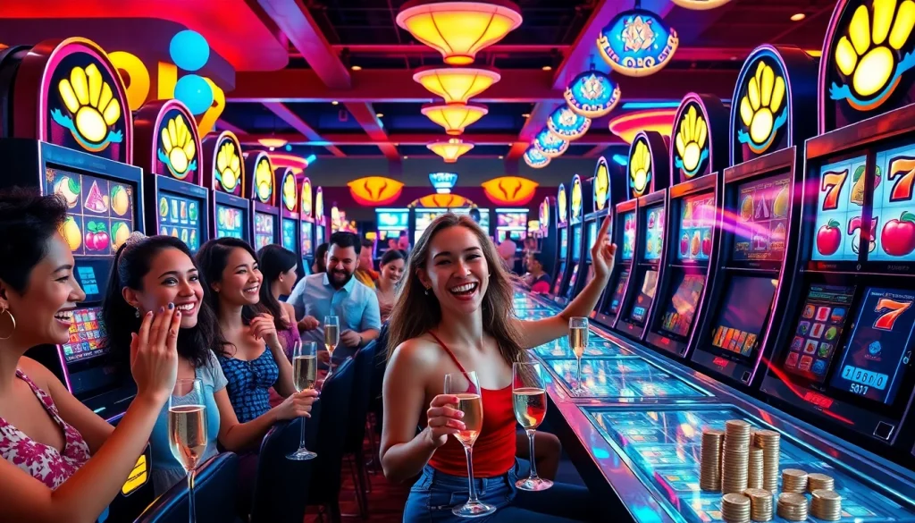 Permainan sayapbola slot yang mengasyikkan dengan pemain bersemangat dan mesin slot yang berkilau.