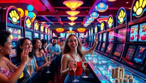 Permainan sayapbola slot yang mengasyikkan dengan pemain bersemangat dan mesin slot yang berkilau.