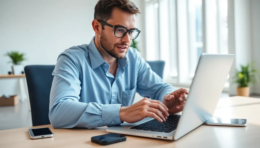 Showcase of 愛思助手 software on a modern laptop by a focused IT technician.