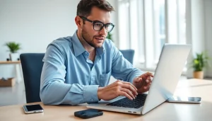 Showcase of 愛思助手 software on a modern laptop by a focused IT technician.