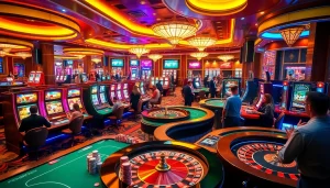 Experience the vibrant gambling world of KJC AC 1 with players enjoying casino tables and slot machines.