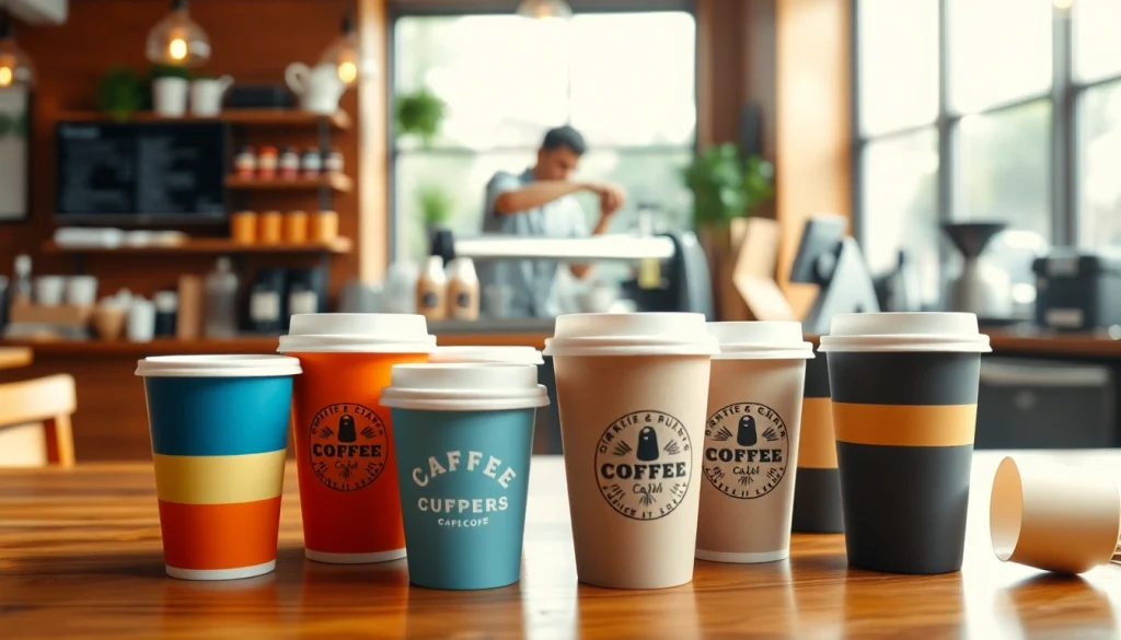 Showcasing paper coffee cups in a cozy café environment, emphasizing vibrant designs and warm lighting.