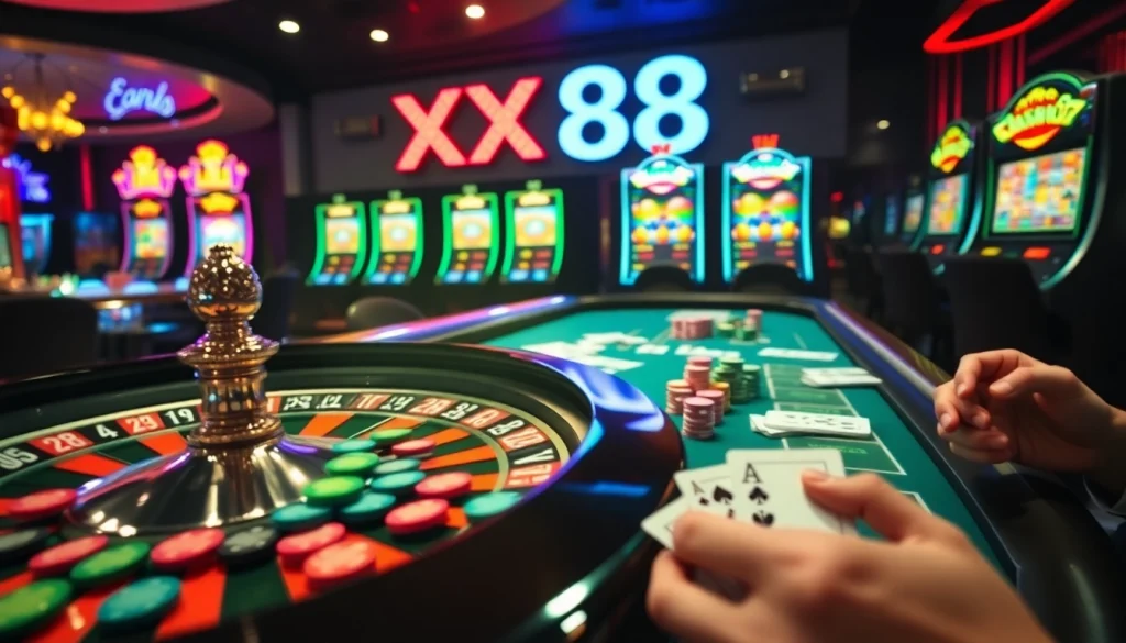 Experience the thrill of winning at XX88 Casino with vibrant poker games, roulette wheels, and slot machines.