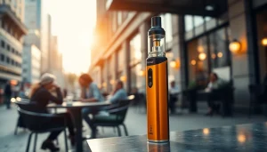 Erleben Sie die e zigarette in einem stilvollen urbanen Café mit lebendigem Design und entspannter Atmosphäre.