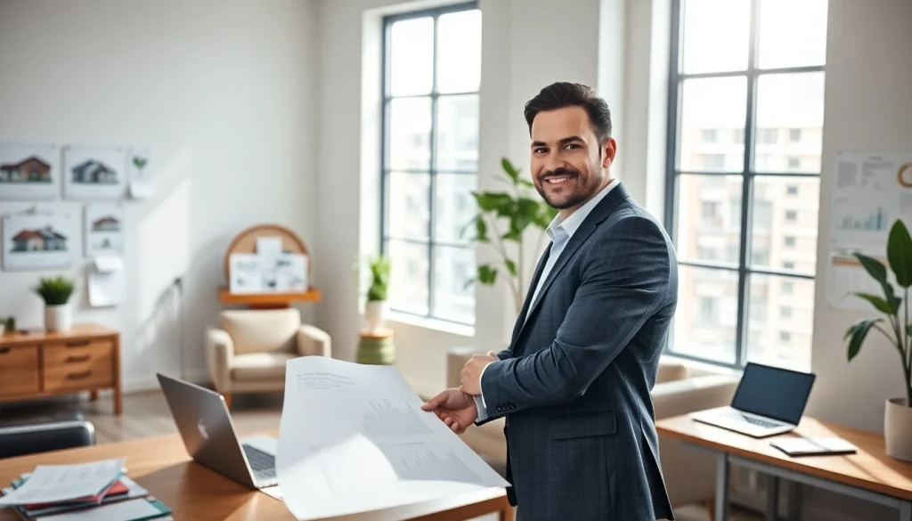 Real Estate agent discussing listings in a modern office filled with housing analysis tools.