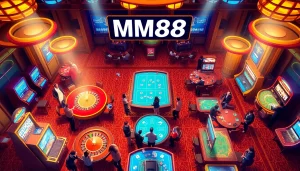 Experience the thrill of gambling at MM88 with vibrant casino tables and enthusiastic players.
