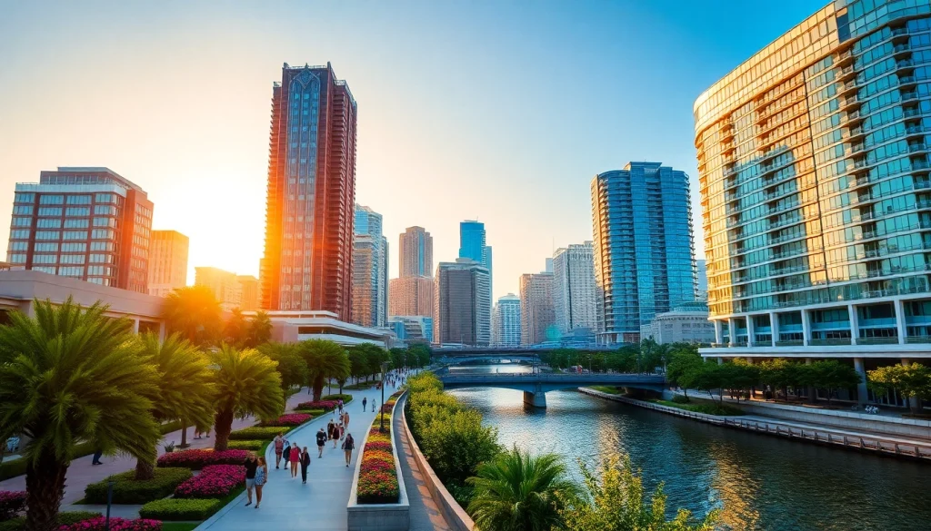 Experience the vibrant skyline of Tampa with a golden sunrise illuminating its modern architecture.