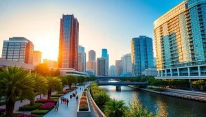 Experience the vibrant skyline of Tampa with a golden sunrise illuminating its modern architecture.