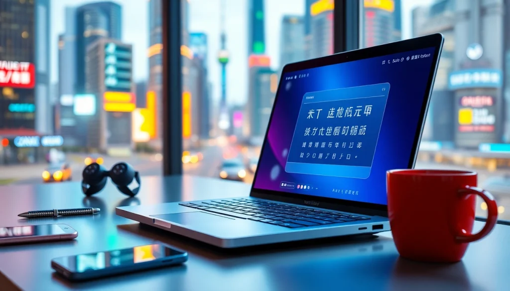 Sogou输入法 interface showcased on a modern laptop in a vibrant tech workspace.
