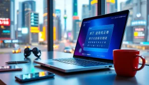 Sogou输入法 interface showcased on a modern laptop in a vibrant tech workspace.