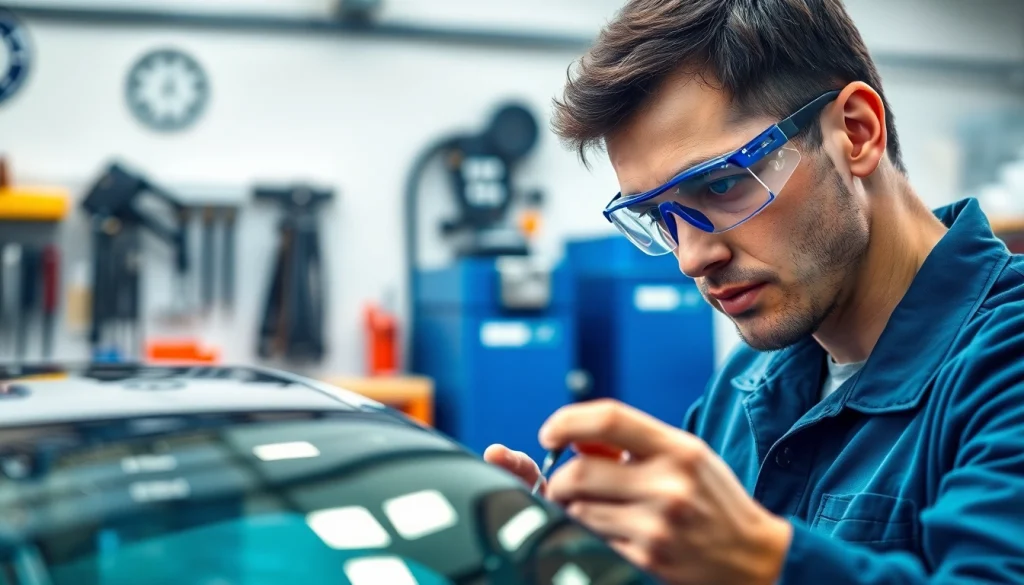 Auto glass repair Northglenn by a professional technician in a bright, organized workshop.