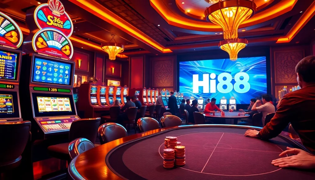 Hi88 casino experience featuring lively poker and slot action, inviting players to join the fun.