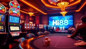 Hi88 casino experience featuring lively poker and slot action, inviting players to join the fun.