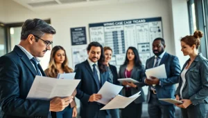 Consulting team at https://www.wcfjustice.com discussing personal injury case strategy in a bright office.