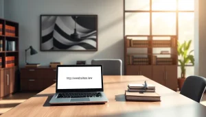 Law office setup featuring https://www.websites.law on a digital device amidst a professional backdrop.