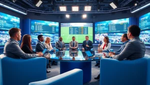 스포츠중계 전문가들이 현대적인 스튜디오에서 생생한 논의를 나누는 모습