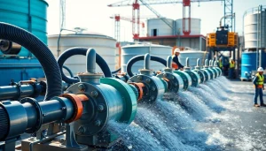 Visualizing industrial water transfer services in action with high-capacity equipment and seasoned professionals.