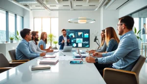 Engaged team analyzing marketing strategies at https://solarxmedia.com in a modern office.