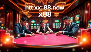 Exciting casino atmosphere at https://xx88.now/ featuring professional gamblers at a poker table.