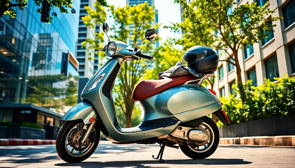 motorroller 50ccm auf einer belebten Stadtstraße mit urbanen Gebäuden im Hintergrund